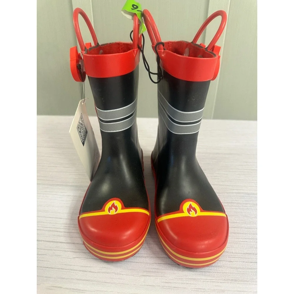 Members Mark Toddler Boys Firefighter Waterproof Rain Boots Black Red Size 9/10